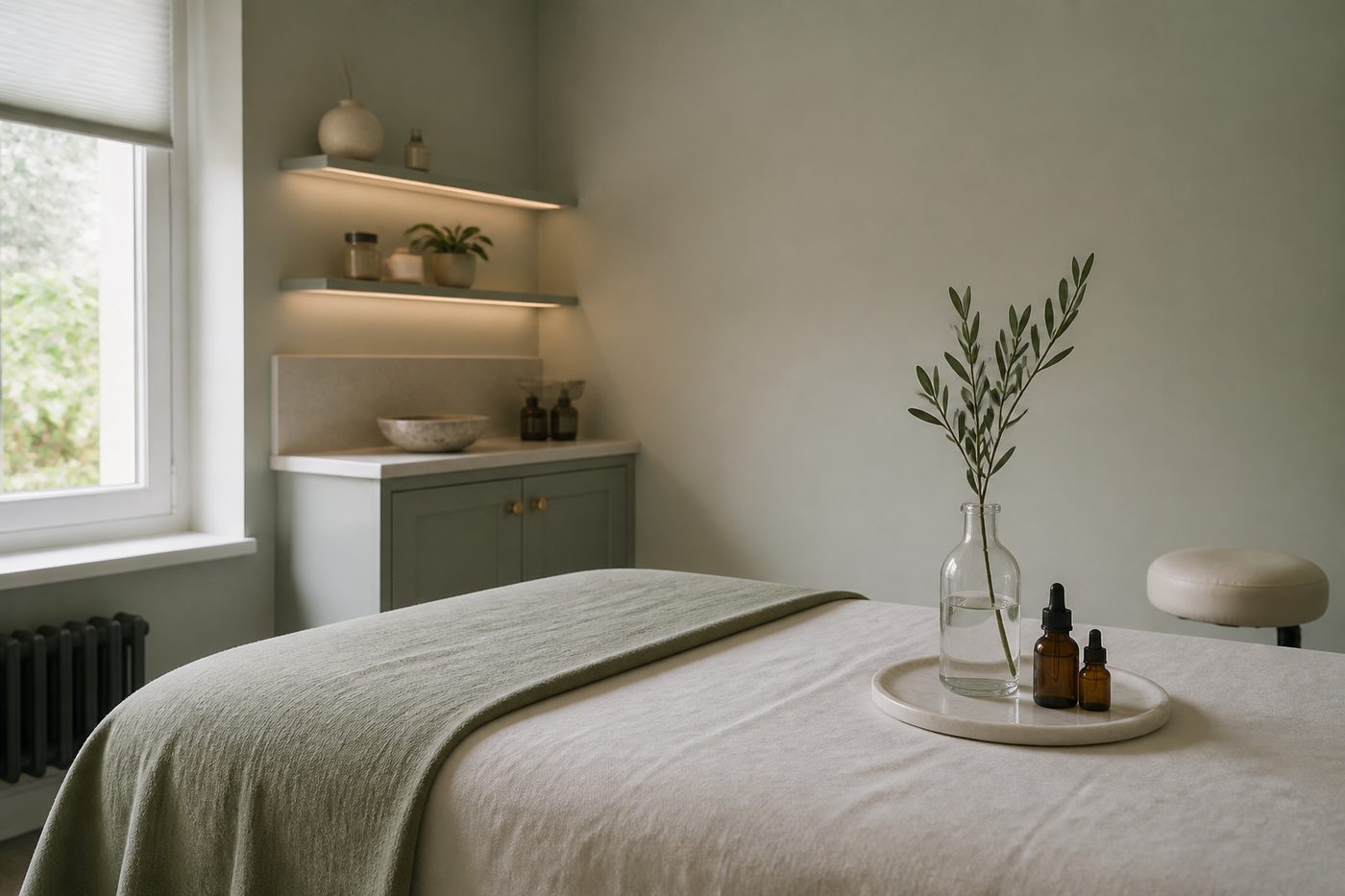 Empty aesthetics treatment room with sage linen and daylight — example mood for Atelier Aesthetics.